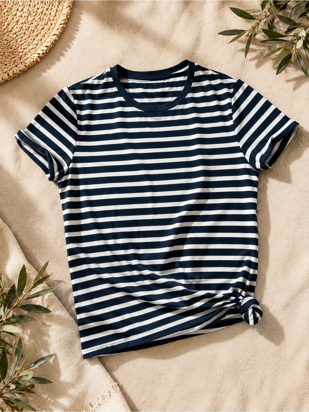 Hugo Boss Navy and White Striped Crew Neck T‑Shirt